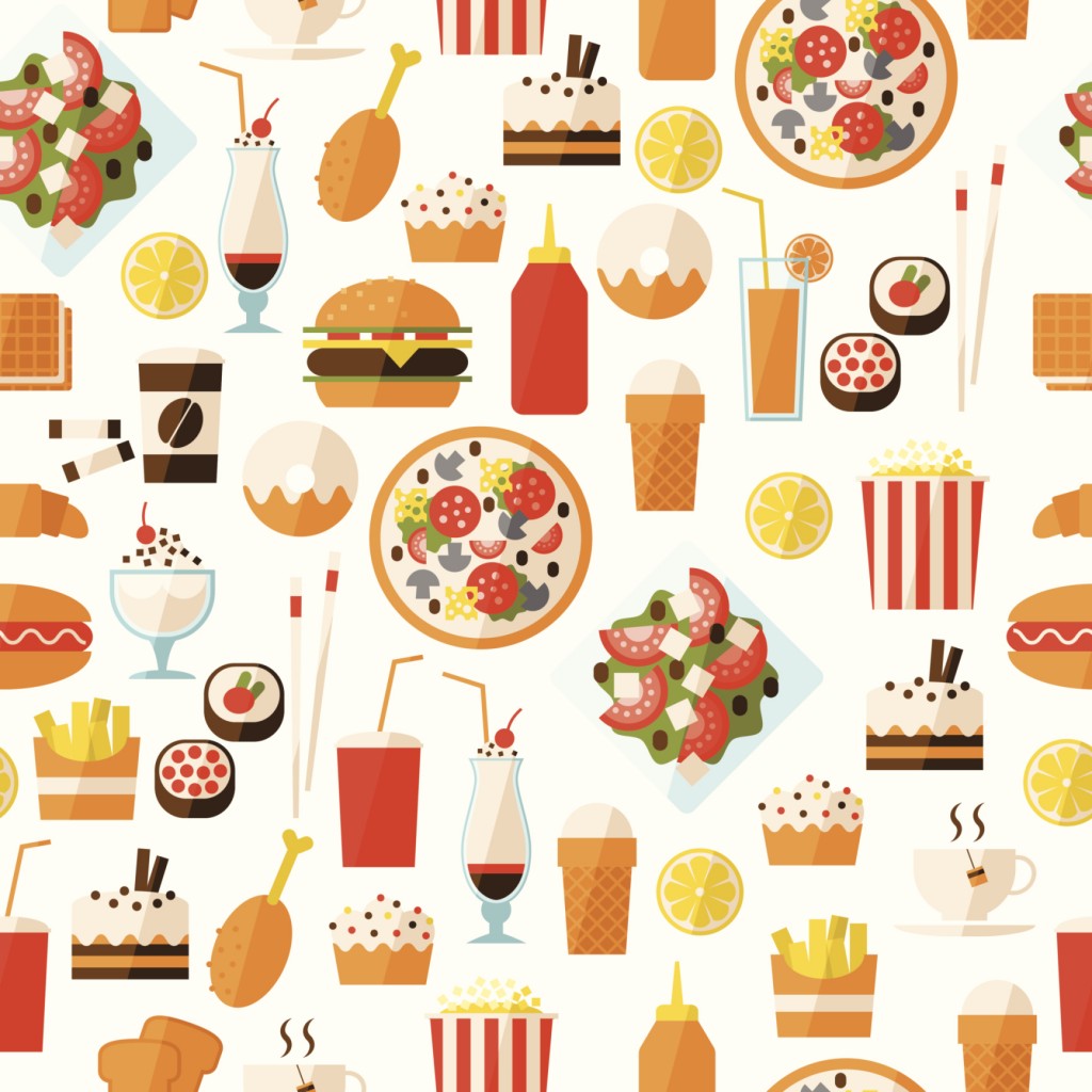 Seamless pattern with fast food and drink